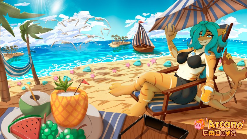 anthro beach belt beverage bikini biped boat bottomwear bra breasts chair claws clothed clothing coconut coconut_drink container cup digitigrade drinking_glass drupe_(fruit) eyewear feet female fingers food fruit furniture glass glass_container glass_cup grape hair holding_object looking_at_viewer melon outside palm_tree pants plant sand sea seaside shorts sitting sky smile solo sunglasses swimwear tail toes topwear tree two-piece_swimsuit umbrella underwear vehicle water watercraft watermelon arcanelynx razzy_(raspberryjam) ambient_bird ambient_flier avian bird fish gull lari larid lemon_shark marine requiem_shark shark 16:9 digital_drawing_(artwork) digital_media_(artwork) watermark widescreen