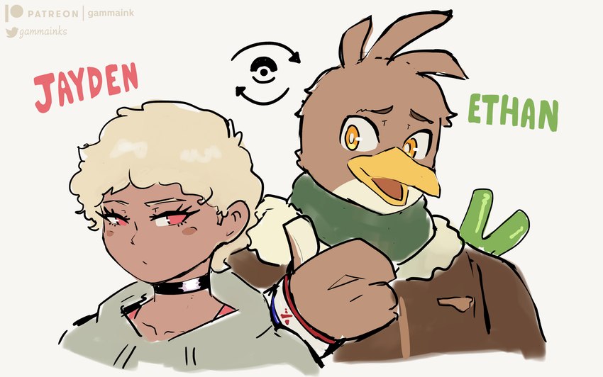 ambiguous_gender anthro beak biped clothed clothing duo eyebrows hair open_beak open_mouth simple_background gammainks nintendo pokemon ethan_(gammainks) jayden_(gammainks) farfetch'd generation_1_pokemon human mammal pokemon_(species) 2024 digital_media_(artwork) hi_res