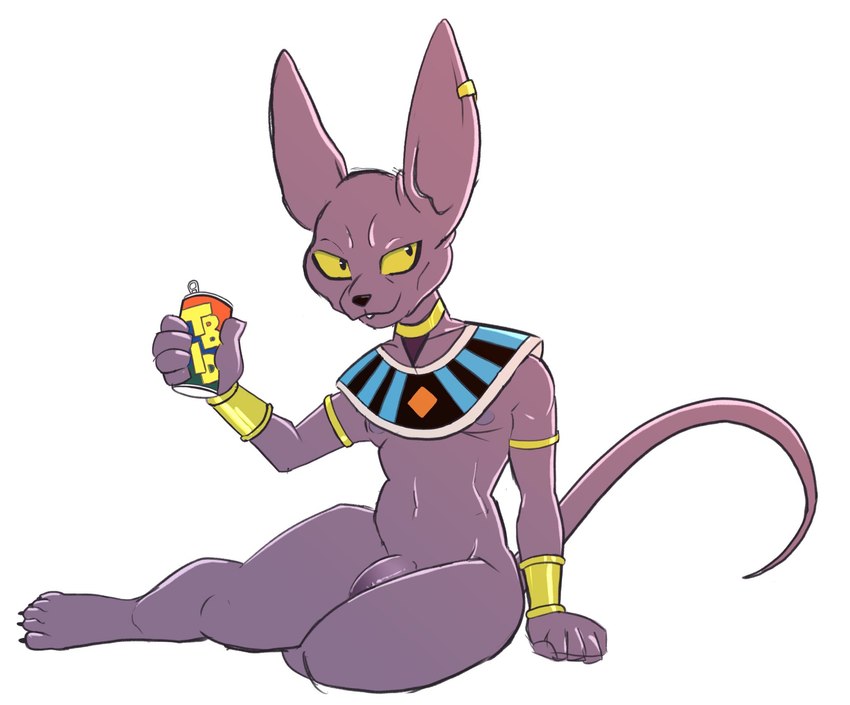 5_fingers 5_toes anthro barefoot beverage bracelet feet fingers flaccid genitals jewelry male mostly_nude navel penis purple_body soda solo toes yellow_eyes tbid dragon_ball dragon_ball_super dragon_ball_z beerus alien domestic_cat felid feline felis mammal hi_res