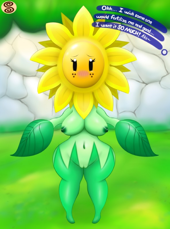 blush breasts female flower genitals isle_delfino looking_at_viewer navel not_furry nude outside pinna_island plant pussy solo standing sunflower text wide_hips flowerfondler mario_bros nintendo super_mario_sunshine sunflower_kid elemental_creature flora_fauna flower_creature humanoid english_text hi_res