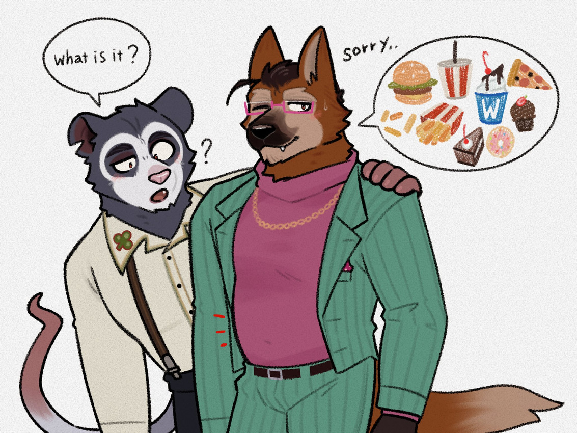 anthro apology asking asking_another belt belt_buckle black_body black_bottomwear black_clothing black_eyebrows black_fur black_nose black_outline black_pants black_text blush bodily_fluids bottomwear brown_body brown_eyes brown_fur brown_hair brown_mane buckle burger button_(fastener) cake cheek_tuft chin_tuft clothed clothing dessert dialogue dipstick_tail doughnut duo ear_tuft eye_spots eyebrows eyewear facial_markings facial_tuft fangs fingers fluffy fluffy_tail food fries fur glasses glistening glistening_nose gloves_(marking) gold_(metal) gold_jewelry gold_necklace hair half-rim_glasses hand_on_shoulder handkerchief head_markings ice_cream jacket jewelry kerchief leaning leaning_sideways looking_aside male mane markings mask_(marking) motion_lines muzzle_(marking) narrowed_eyes neck_tuft necklace notched_ear one_eye_closed one_eye_half-closed open_clothing open_jacket open_mouth open_topwear orange_body orange_fur outline pants pastry pink_clothing pink_eyewear pink_glasses pink_inner_ear pink_nose pink_tail pizza pointillism pointy_ears pupils purple_clothing purple_sweater purple_topwear purple_turtleneck question question_mark rectangular_glasses round_ears rumbling_stomach shamrock shirt simple_background slightly_chubby slightly_chubby_male smile soda_cup speech_bubble standing sundae suspenders sweat sweatdrop sweater sweaty_face tail tail_markings tan_body tan_eyebrows tan_fur tan_inner_ear teal_bottomwear teal_clothing teal_jacket teal_pants teal_topwear teeth text thick_eyebrows thick_neck thinking_about_food three-quarter_view topwear tuft turtleneck two_tone_tail unsigned white_background white_clothing white_sclera white_shirt white_tail white_topwear foxs1874 burrows_(captain_nikko) grey_(captain_nikko) mark_(captain_nikko) american_opossum canid canine mammal maned_wolf marsupial virginia_opossum 2025 4:3 digital_media_(artwork) english_text hi_res line_art pictographics portrait three-quarter_portrait