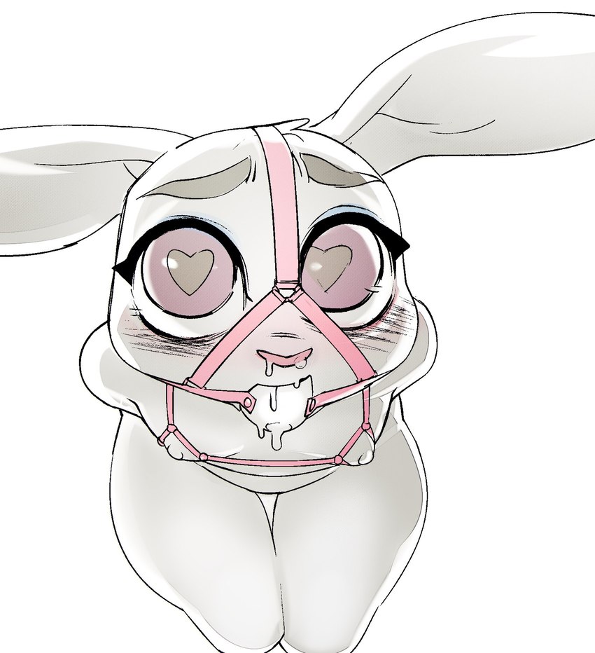 anthro ball_gag bdsm bodily_fluids bondage bound breasts clothed clothing cupless_bra eyebrows female gag heart_eyes heart_symbol ineffective_clothing long_ears looking_at_viewer mostly_nude nipples saliva simple_background small_breasts solo thick_thighs white_background doxy disney zootopia judy_hopps lagomorph leporid mammal rabbit 2022 hi_res