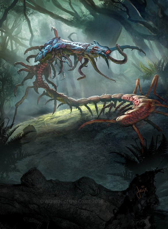 detailed_background feral forest multi_eye multi_leg multi_limb outside plant solo tentacles tree jason_felix hasbro magic:_the_gathering wizards_of_the_coast arthropod centipede eldrazi eldritch_abomination myriapod hi_res official_art signature