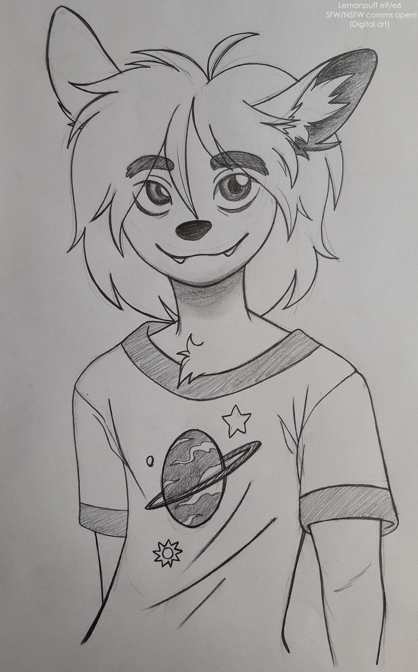 anthro clothing fur hair male planet shirt smile solo star t-shirt topwear conditional_dnp lemonpuff canid canine fox hybrid mammal mustelid otter absurd_res hi_res traditional_media_(artwork) trans_(lore) trans_man_(lore)