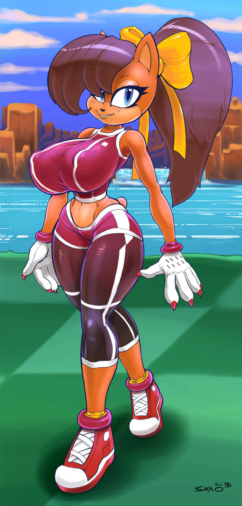 anthro big_breasts blue_eyes breasts brown_hair claws clothed clothing female gloves hair handwear huge_breasts looking_at_viewer solo standing tight_clothing snao sega sonic_the_hedgehog_(series) sonic_x-treme tiara_boobowski domestic_cat felid feline felis mammal manx 2018 digital_media_(artwork) hi_res