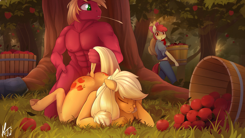 abs accessory all_fours anthro apple apple_tree both_cutie_marks bow_(feature) bow_accessory bow_ribbon caught_in_the_act centered_hair_bow clothed clothed_anthro clothed_female clothing cutie_mark detailed_background doggystyle eyes_closed female food freckles from_behind_position fruit fruit_tree grass green_eyes group hair hair_accessory hair_bow hair_ribbon hand_on_hip hat headgear headwear kneeling looking_at_another looking_pleasured male male/female muscular muscular_male nude nude_anthro nude_female nude_male open_mouth orange_body orange_eyes orange_hair orange_skin orchard outside pecs pink_bow plant ponytail red_body red_hair red_skin ribbons sex tail tail_grab tail_pull tree trio yellow_body yellow_skin young hentwi friendship_is_magic hasbro my_little_pony apple_bloom_(mlp) applejack_(mlp) big_macintosh_(mlp) equid equine mammal 2020 absurd_res digital_media_(artwork) hi_res signature brother_(lore) brother_and_sister_(lore) incest_(lore) sibling_(lore) sister_(lore)