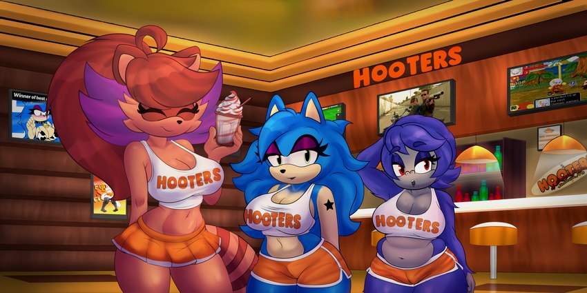 anthro beverage big_breasts bottomwear breasts clothed clothing detailed_background female female/female group group_sex milkshake orange_background sex simple_background skimpy skirt threesome trio el_rodi genyacero ilu-silyan hooters geny_(geny_acero) ilu_(ilu-silyan) rita_(el_rodi) canid canine eulipotyphlan haplorhine hedgehog mammal monkey primate raccoon_dog tanuki 2:1 absurd_res hi_res