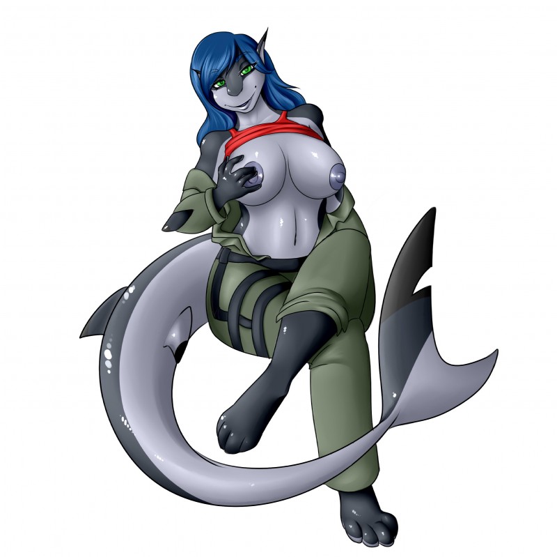 anthro belt big_breasts breasts clothed clothing curvy_figure female green_eyes hair long_hair looking_at_viewer nipples no_bra non-mammal_breasts non-mammal_nipples paws shirt simple_background smile solo suit tail topwear voluptuous white_background alterkitten nasa15 adriana_(nasa15) fish mammal marine shark absurd_res hi_res