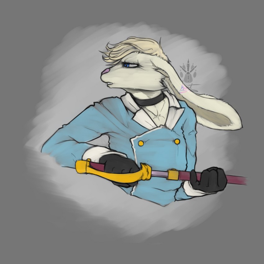 anthro clothing collar femboy long_ears male melee_weapon rapier solo sword unsheathing_sword unsheathing_weapon weapon geno28 prince_kanin_(geno28) lagomorph leporid mammal rabbit 1:1 watermark