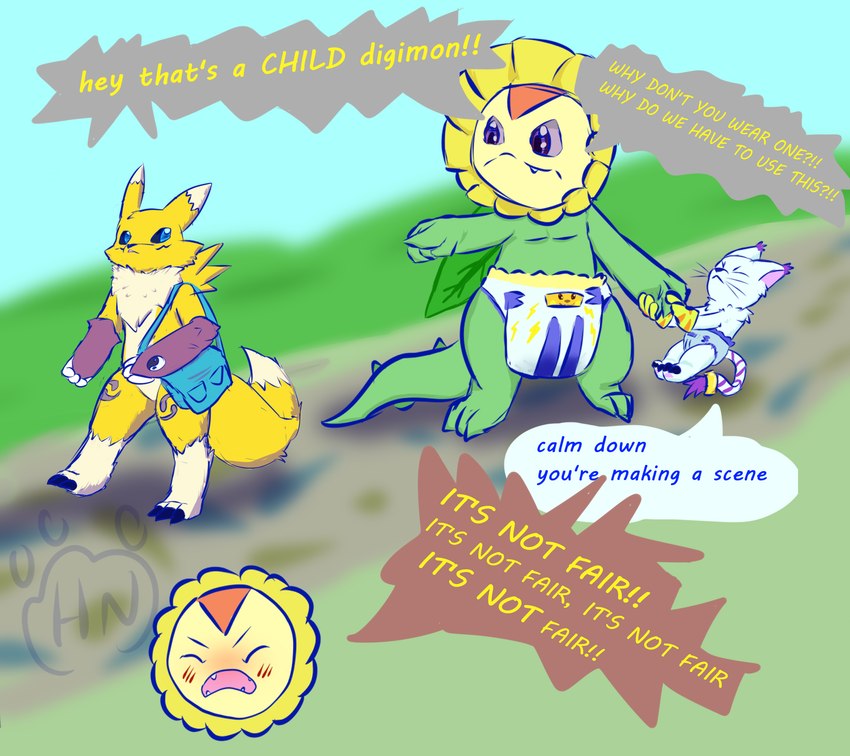 ambiguous_gender anthro clean_diaper clothed clothing diaper female text wearing_diaper young young_ambiguous young_anthro young_humanoid hangyakuneko bandai_namco digimon canid canine digimon_(species) felid feline felis gatomon humanoid mammal renamon sunflowmon comic english_text hi_res