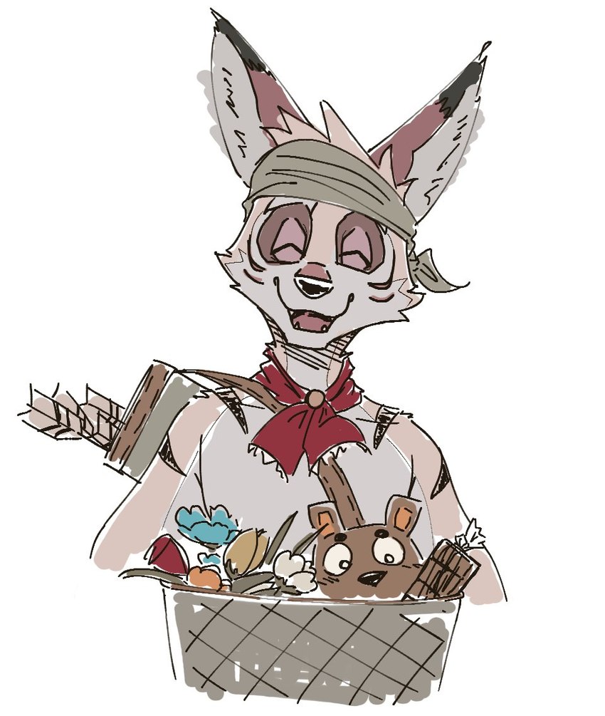 anthro arrows basket bow_(weapon) container eyes_closed holding_basket holding_container holding_object kerchief male neckerchief neckwear plant plushie quiver_(object) ranged_weapon smile solo teddy_bear weapon loboguara_na anothereidos_of_dragon_vein_r amorey canid canine canis jackal japanese_kobold kobold mammal scalie