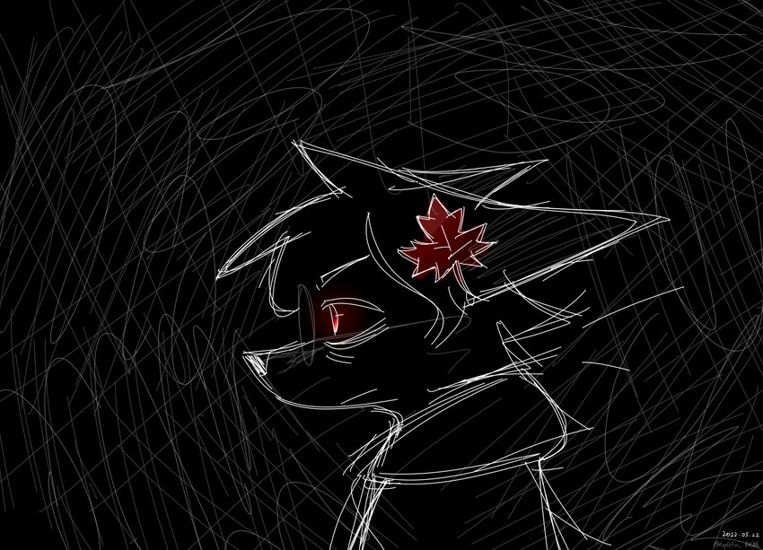 eyewear glasses male maple_leaf messy red_eyes solo maplefox canid canine fox mammal absurd_res black_and_white hi_res monochrome