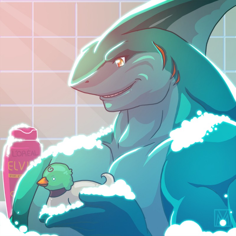 anthro bath bathroom biceps bubble bubble_bath detailed_background fin gills grey_body grey_skin male multicolored_body multicolored_skin muscular muscular_anthro muscular_male nude orange_eyes pecs product_placement rubber_duck smile solo teal_body teal_skin lapres l'oreal jose_(leviathan248) fish marine shark 1:1 2012 digital_media_(artwork) hi_res restricted_palette watermark