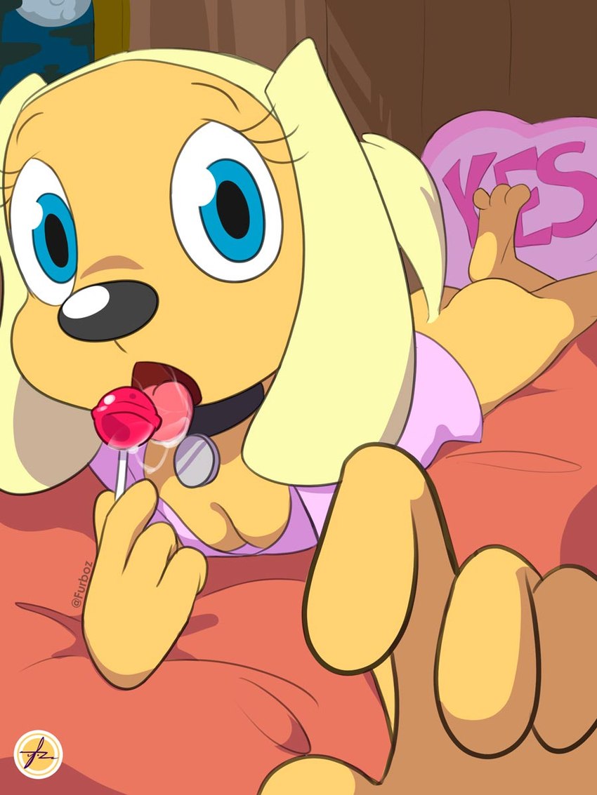 anthro bed bodily_fluids bottomless breasts butt candy cleavage clothed clothing collar dessert down_blouse female food furniture holding_candy holding_food holding_lollipop holding_object licking_lollipop lollipop looking_at_viewer pillow saliva saliva_string solo tongue tongue_out yes-no_pillow yes_pillow furboz brandy_and_mr._whiskers disney brandy_harrington canid canine canis domestic_dog mammal 2022 3:4 hi_res meme