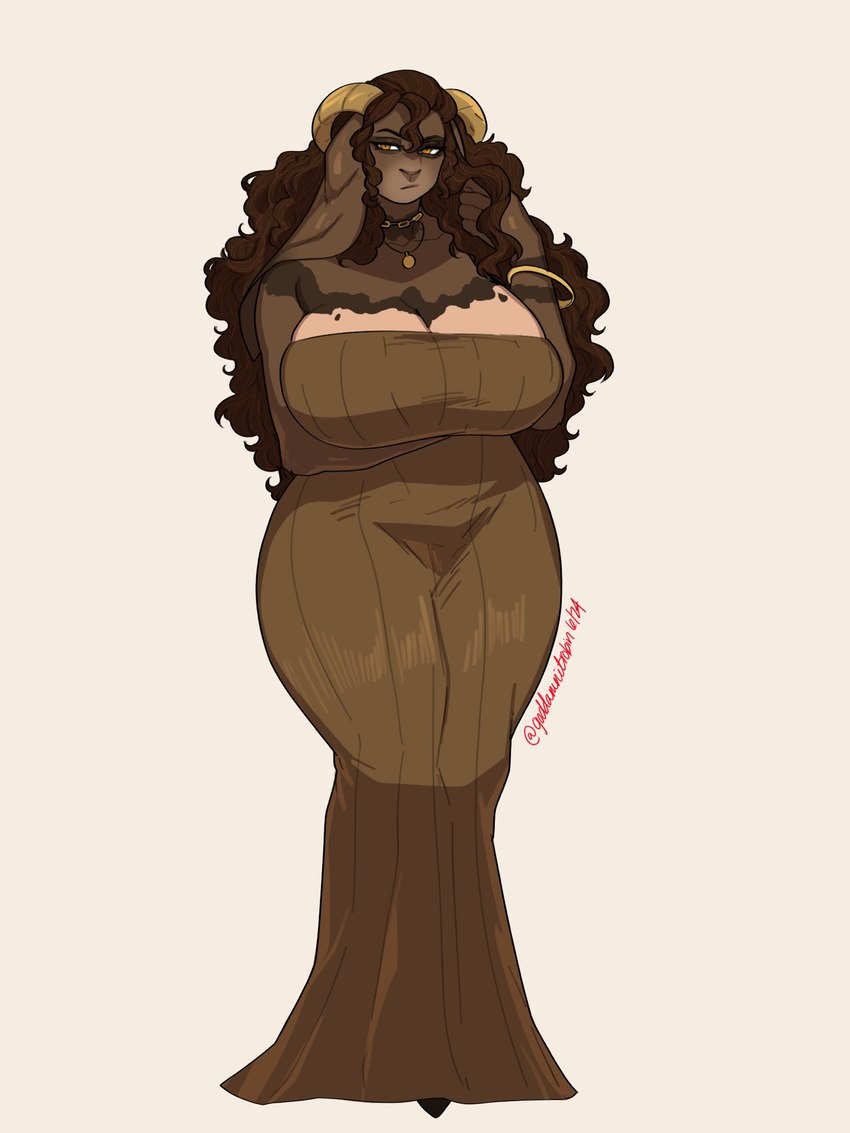 annoyed anthro big_breasts breasts clothing dress female huge_breasts long_dress looking_at_viewer mature_female solo thick_thighs goddamnitrobin severa_tettona bovid caprine goat mammal 3:4 hi_res