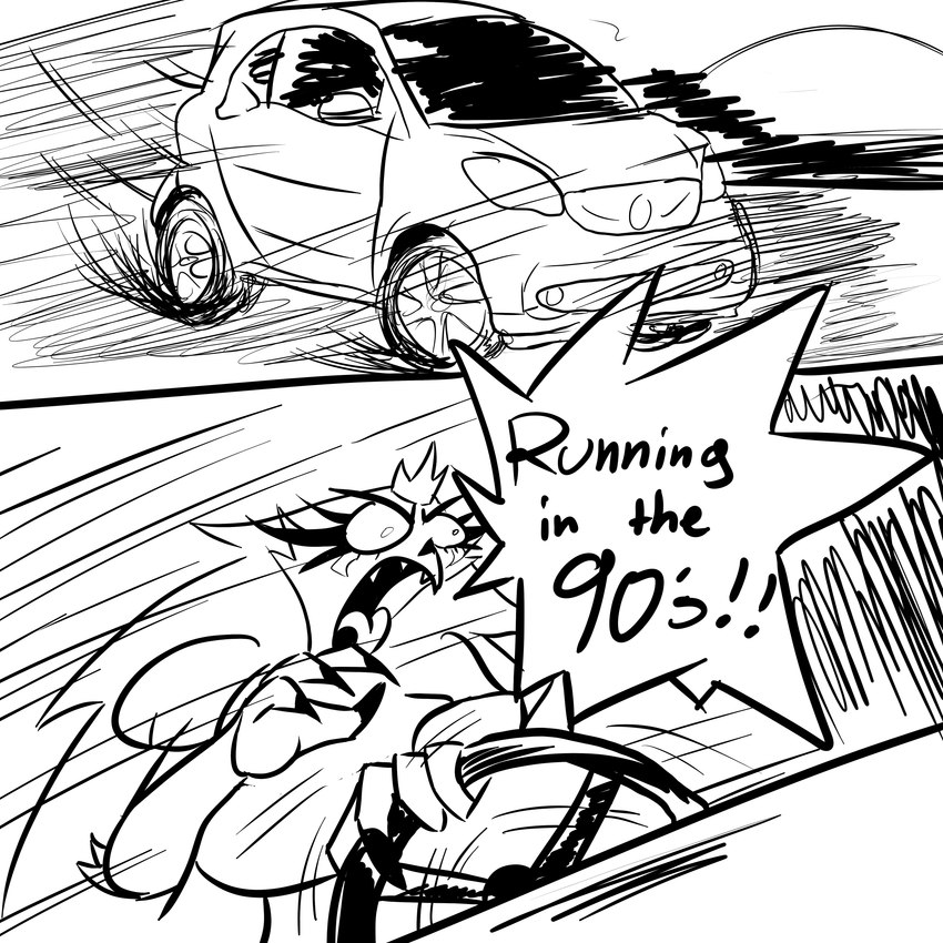 2_panel_comic anthro car compact_car crown driving female headgear smart_car solo speech_bubble text vehicle yelling aptom7747 helluva_boss initial_d stella_(helluva_boss) anatid anseriform anserinae avian bird demon swan 1:1 absurd_res comic english_text hi_res monochrome