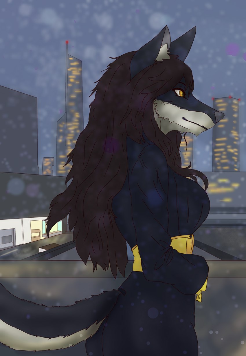 anthro black_body black_clothing black_dress black_fur breasts brown_hair building butt city cityscape clothed clothing dress female fur grey_nose hair outside raining smile solo tail topwear water wet wet_body wet_clothing white_body white_fur yellow_clothing yellow_eyes sky-rouge canid canine canis domestic_dog husky mammal nordic_sled_dog spitz absurd_res digital_media_(artwork) hi_res
