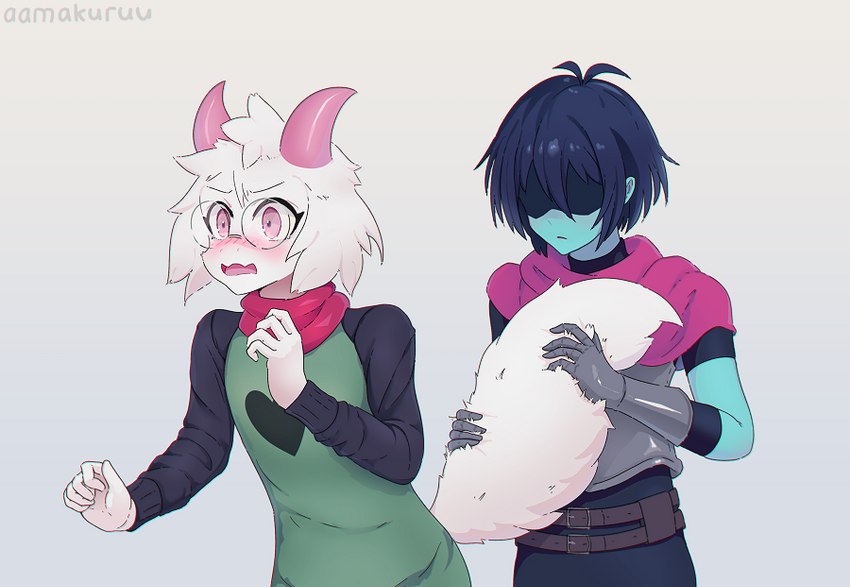 2_horns 5_fingers ambiguous_gender anthro armor blue_body blue_hair blue_skin blush cute_fangs duo eyewear fangs femboy fingers fur glasses hair heart_symbol hidden_eyes horn male pink_eyes pink_horn scarf surprised_expression tail tail_grab teeth white_body white_fur aamakuruu deltarune undertale_(series) kris_(deltarune) ralsei bovid caprine goat human mammal