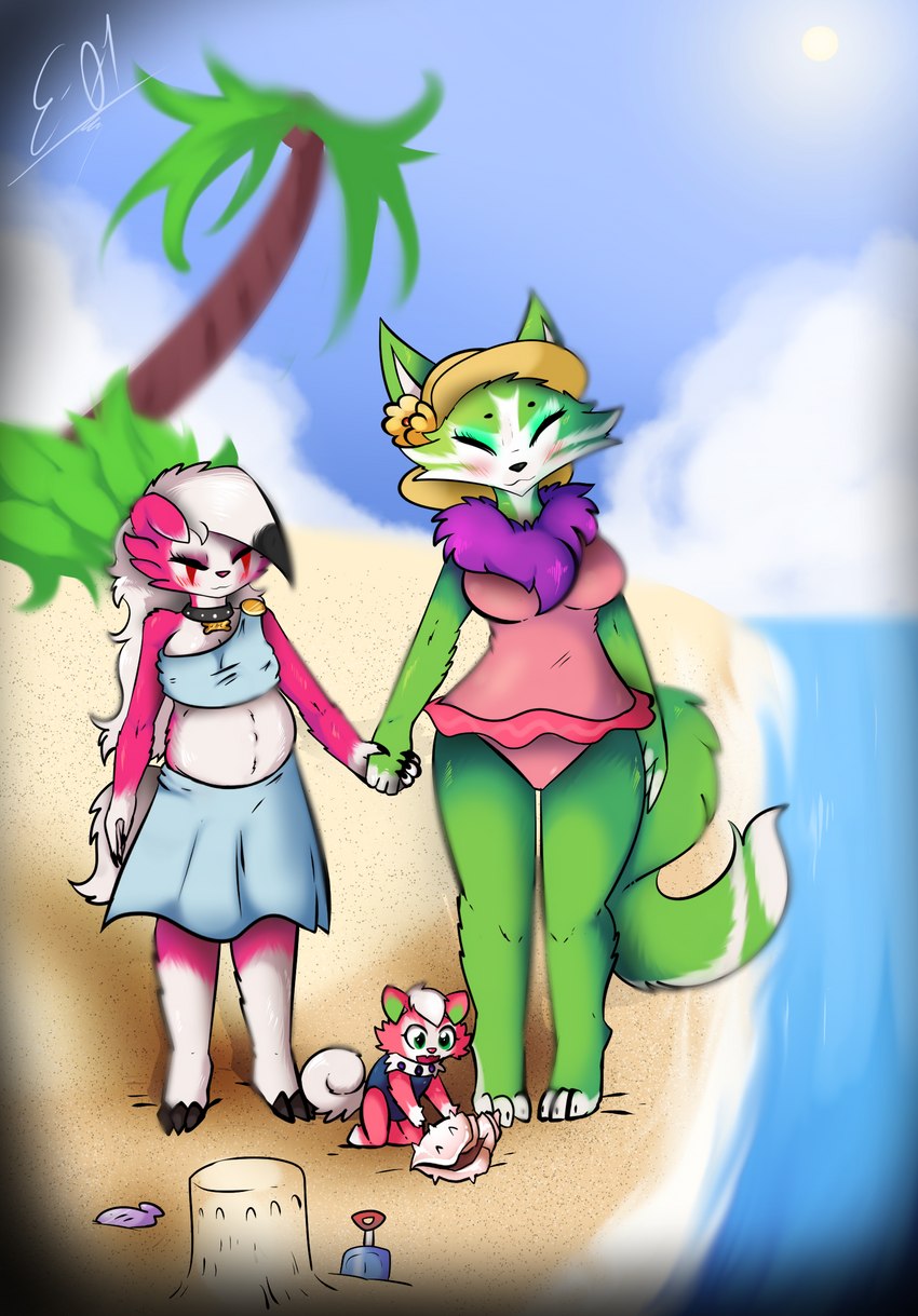 anthro barefoot beach belly big_belly big_breasts bikini black_nose blush breasts claws clothed clothing detailed_background duo eyes_closed feet female fur green_body green_eyes green_fur hair hand_holding multicolored_body multicolored_fur one-piece_swimsuit outside pink_body pink_fur pregnant sand sand_castle sculpture seaside simple_background sky smile swimwear toes two-piece_swimsuit two_tone_body two_tone_fur water white_body white_fur young young_anthro e-01 nintendo pokemon maggy_(lycan) zero_one canid canine canis generation_7_pokemon lycanroc mammal midnight_lycanroc pokemon_(species) rockruff wolf zerian_(species) absurd_res digital_media_(artwork) hi_res parent_(lore)