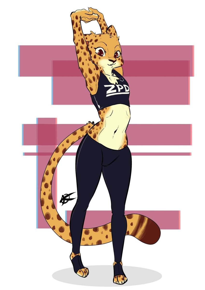 athletic_wear breasts brown_eyes chest_tuft clothed clothing countershading exercise_clothing female footwear fur looking_at_viewer markings midriff navel simple_background small_breasts solo spots spotted_body spotted_fur stretching toeless_footwear tuft zpd jaff96 disney zootopia kii_catano cheetah felid feline mammal hi_res