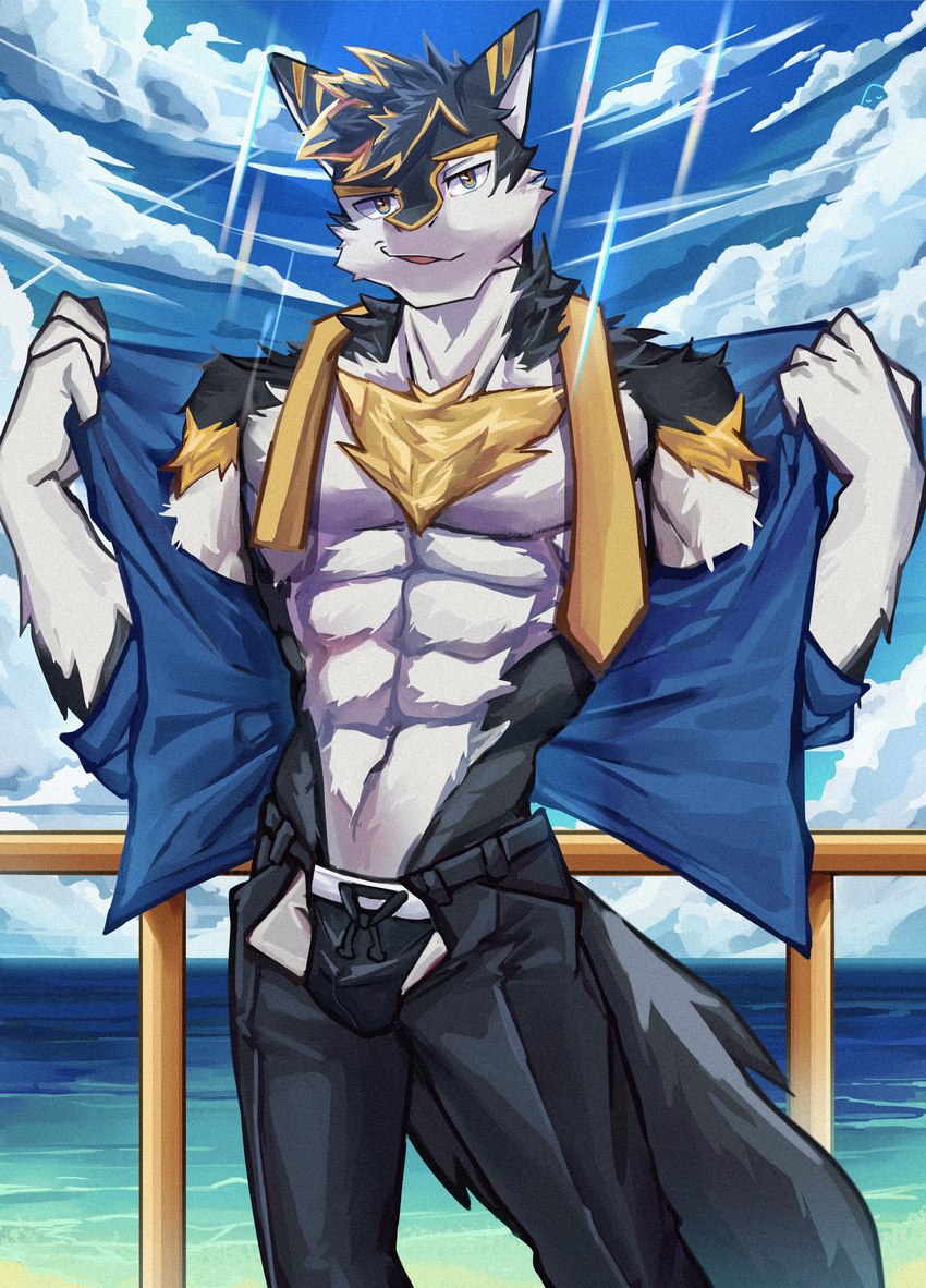 abs anthro beach clothed clothing detailed_background fur light looking_at_viewer male muscular muscular_anthro muscular_male necktie open_clothing open_mouth open_shirt open_topwear outside pecs sand sea seaside shirt sky solo sunlight tail topwear water white_hands todok_kun vortiganshine canid canine canis mammal wolf absurd_res hi_res