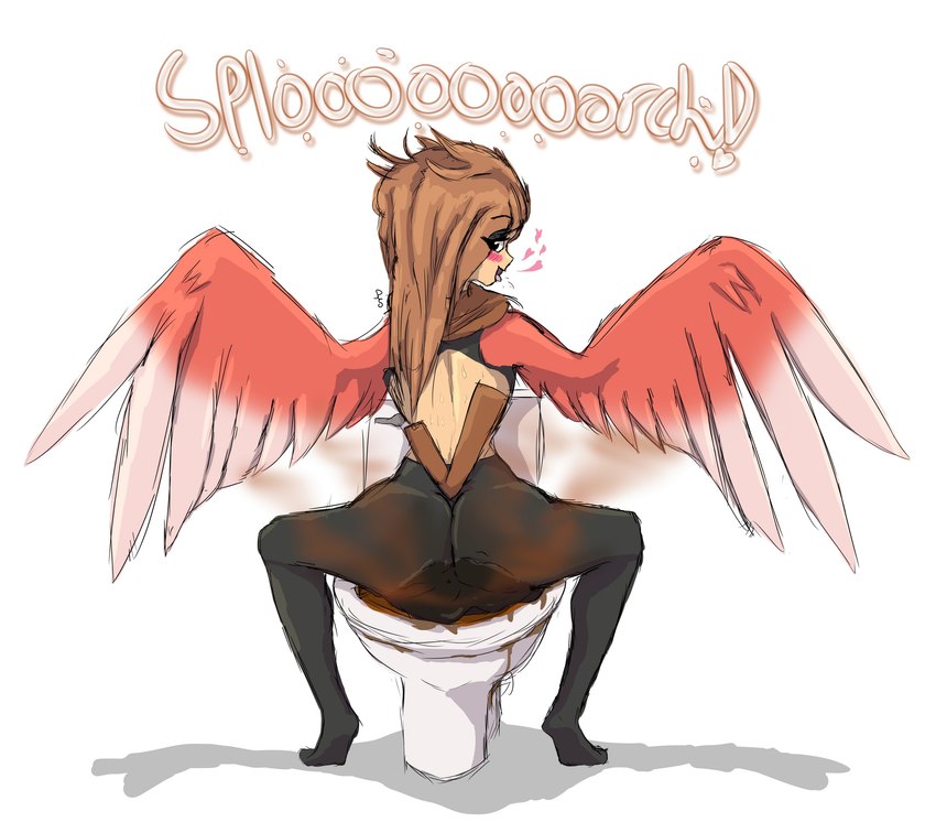 anthro brown_hair feces female hair rear_view scatplay soiling solo sound_effects stink_cloud toilet wings floofykinkumiho nintendo pokemon generation_1_pokemon human mammal pokemon_(species) spearow absurd_res hi_res