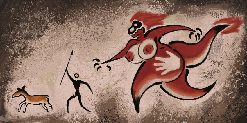 anthro areola big_breasts breasts cave_painting female feral holding_melee_weapon holding_object holding_polearm holding_spear holding_weapon huge_breasts huge_thighs larger_female melee_weapon nipples nude polearm red_body size_difference spear text thick_thighs weapon upai dinosaur human mammal prehistoric_species reptile scalie 2:1 english_text hi_res