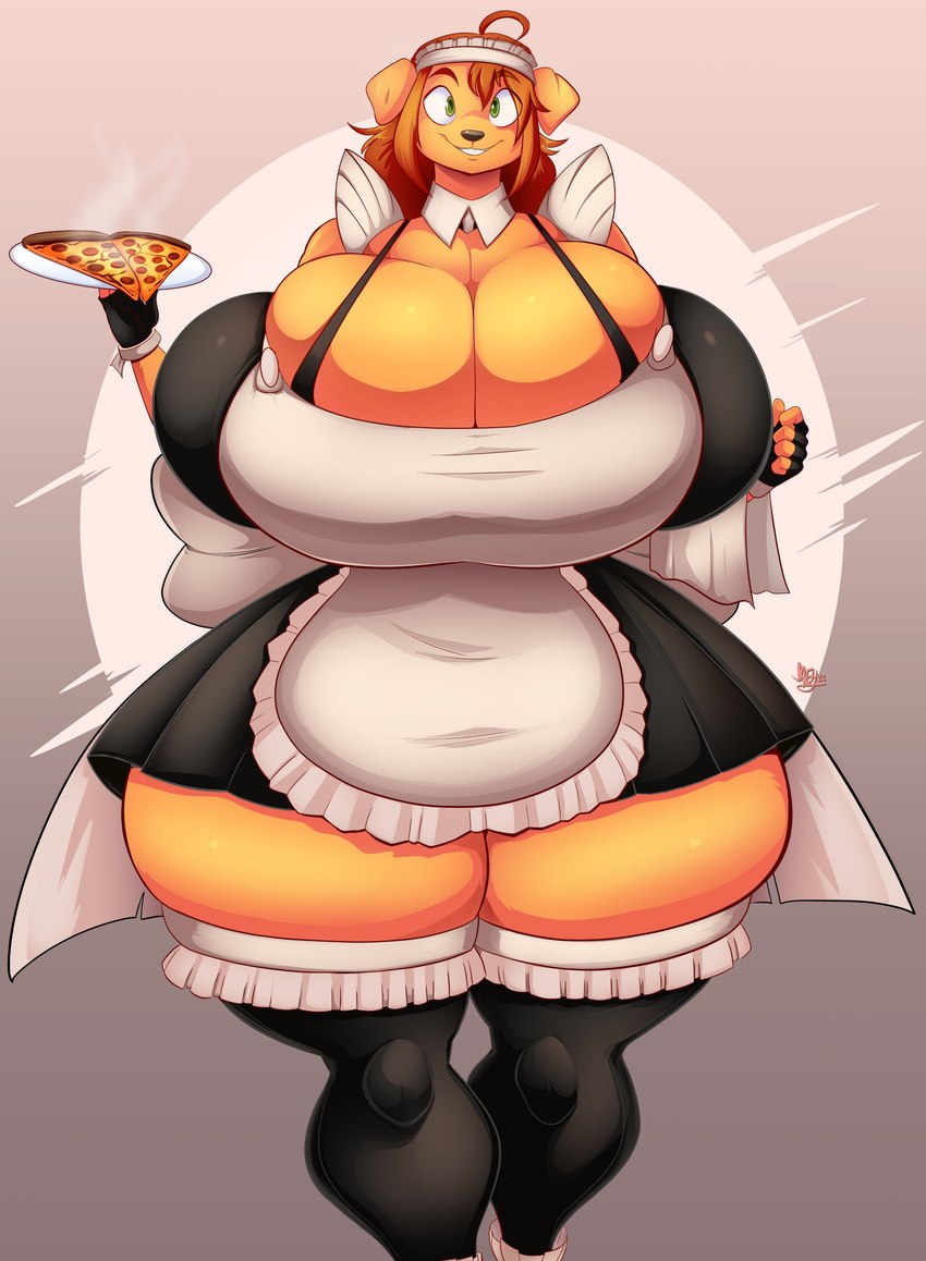 anthro big_breasts bra_strap breasts cleavage clothed clothing female fingerless_gloves food frilly frilly_clothing frilly_legwear frilly_stockings gloves handwear huge_breasts hyper hyper_breasts legwear maid_uniform pizza plate solo stockings thick_thighs uniform wide_hips jaeh ginger_(jaeh) bird_dog canid canine canis domestic_dog hunting_dog labrador mammal retriever 2022 absurd_res hi_res