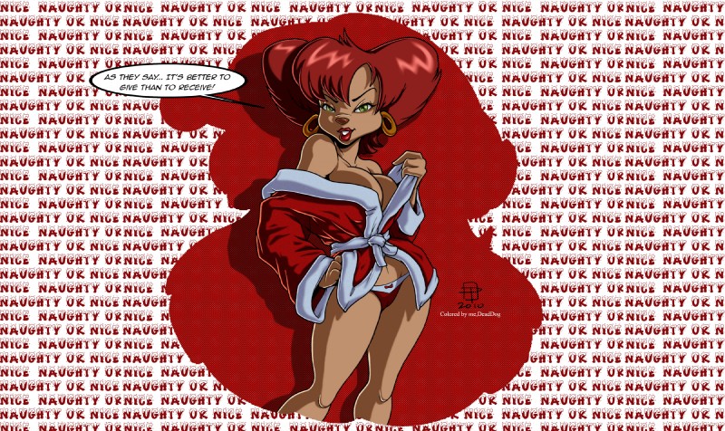 anthro bathrobe breasts brown_nose cleavage clothed clothing ear_piercing exclamation_point female green_eyes hair lips looking_at_viewer mature_anthro mature_female panties piercing red_hair red_lips robe short_hair simple_background smile solo standing text underwear undressing callmepoo disney goof_troop peg_pete english_text hi_res