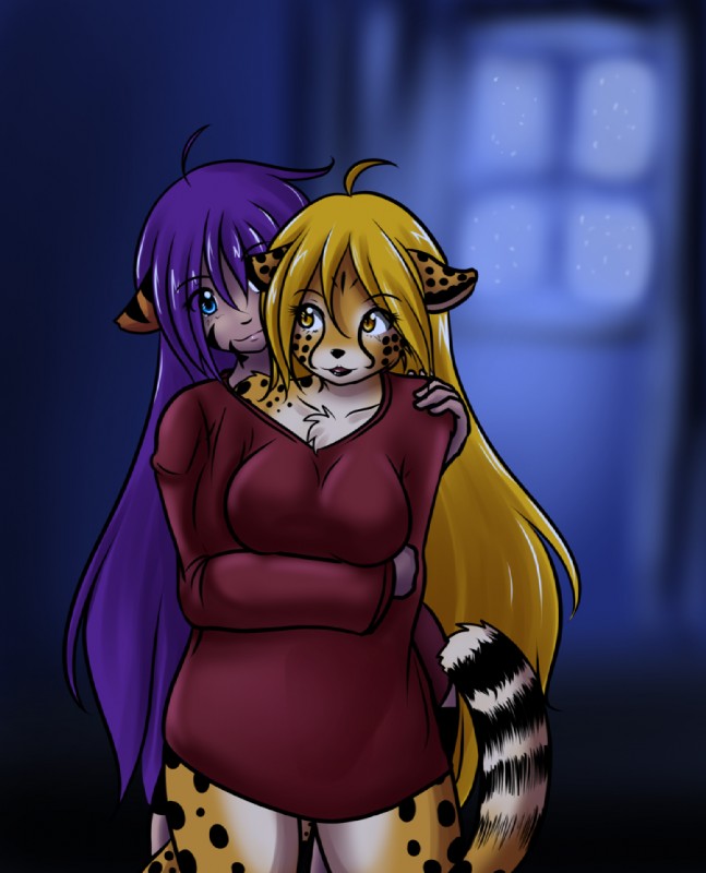 amber_eyes anthro big_breasts black_stripes blonde_hair blue_eyes bottomless breasts clothed clothing duo facial_markings female fur hair head_markings humanoid_on_anthro long_hair markings orange_body orange_fur purple_clothing purple_hair purple_shirt purple_topwear shirt spots stripes sweater topwear white_body white_fur yellow_body yellow_eyes yellow_fur sageofotherworlds yosh!_comics kate_summers mihari animal_humanoid cat_humanoid cheetah felid felid_humanoid feline feline_humanoid humanoid mammal mammal_humanoid pantherine pantherine_humanoid tiger tiger_humanoid