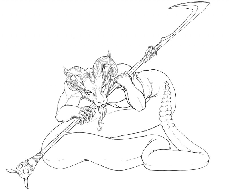 anthro apode empty_eyes horn legless looking_at_viewer male melee_weapon polearm serpentine solo spear split_form weapon pira bovid caprine draconcopode goat hybrid lamia mammal reptile scalie snake 2013 6:5 digital_drawing_(artwork) digital_media_(artwork) line_art monochrome