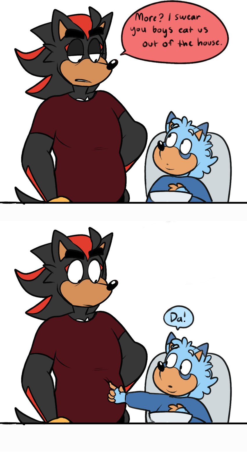 2_panel_comic 5_fingers anthro baby bent_arm black_body black_eyebrows black_fur black_nose black_tail blue_body blue_ear_tips blue_eyebrows blue_fur blue_onesie bowl bracelet clothed clothed_anthro clothed_male clothing container dialogue dipstick_ears double_chin duo ear_markings eye_contact eyebrows fingers fur gold_(metal) gold_bracelet gold_jewelry half-closed_eyes high_chair jewelry larger_anthro larger_male looking_at_another male male_anthro mouth_closed multicolored_body multicolored_ears multicolored_fur narrowed_eyes onesie poking poking_stomach red_body red_clothing red_fur red_shirt red_t-shirt red_topwear shirt simple_background sitting size_difference slightly_chubby slightly_chubby_anthro slightly_chubby_male smaller_anthro smaller_male speech_bubble standing t-shirt tail tan_body tan_inner_ear tan_skin text thick_eyebrows topwear two_tone_body two_tone_fur white_background yelling young young_anthro young_male beastofeuthanasia sega sonic_the_hedgehog_(series) fan_character hunter_(beastofeuthanasia) shadow_the_hedgehog eulipotyphlan hedgehog mammal 2023 comic english_text flat_colors hi_res father_(lore) father_and_child_(lore) father_and_son_(lore) parent_(lore) parent_and_child_(lore) parent_and_son_(lore) son_(lore)