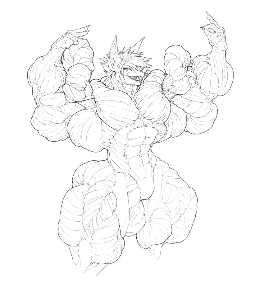 ambiguous_gender anthro big_muscles flexing flexing_bicep flexing_both_biceps huge_muscles hyper hyper_muscles muscular solo hutska_(artist) bat mammal line_art monochrome portrait three-quarter_portrait