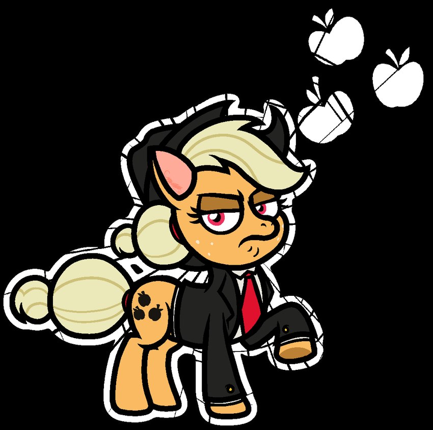 accessory bent_leg black_background black_clothing black_suit blonde_mane closed_frown clothed clothed_female clothed_feral clothing cutie_mark eyelashes female female_feral feral freckled_face freckles frown frowning_at_viewer fur furrowed_brow hair hair_accessory hair_bun hair_tie half-closed_eyes hooves long_mane long_tail looking_at_viewer mane mouth_closed narrowed_eyes necktie orange_body orange_fur outline quadruped raised_hoof red_eyes red_hair_tie red_necktie simple_background solo standing suit tail tail_bun tan_inner_ear white_dress_shirt white_freckles white_outline yellow_tail captainquack64 friendship_is_magic hasbro my_little_pony applejack_(mlp) earth_pony equid equine horse mammal pony 2025 colored digital_drawing_(artwork) digital_media_(artwork) english_description shaded simple_shading