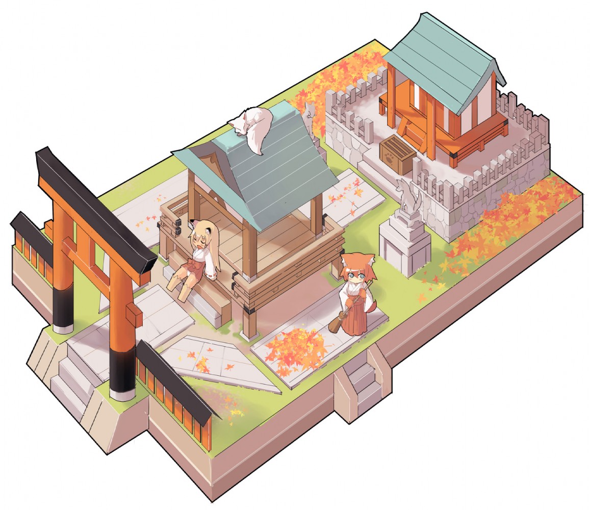 anthro autumn bird's-eye_view broom cleaning_tool female feral group high-angle_view religion shrine tail torii galahad shinto canid canine fox mammal hi_res