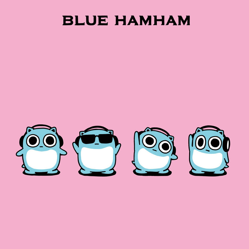 belly blue_body blue_fur electronics exercise eyewear feral fur group group_photo headphones male pink_background raised_arm semaphore semi-anthro simple_background sunglasses tail text white_belly wide_eyed arimura_taishi blue_hamham the_beatles cricetid hamster mammal rodent 1:1 2020 album_cover cover