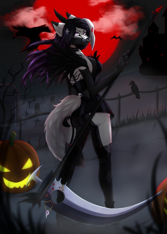 accessory anthro black_body black_fur bone breasts butt castle cemetery clothing cross crypt dress feathers female food fruit fur grave holidays jack-o'-lantern legwear melee_weapon moon night plant polearm pose pumpkin scythe skull spikes stockings weapon white_body white_fur narikusha halloween avian bird canid canine canis corvid corvus_(genus) mammal oscine passerine raven wolf gloom_(disambiguation) reaper_(disambiguation) absurd_res digital_media_(artwork) hi_res pinup