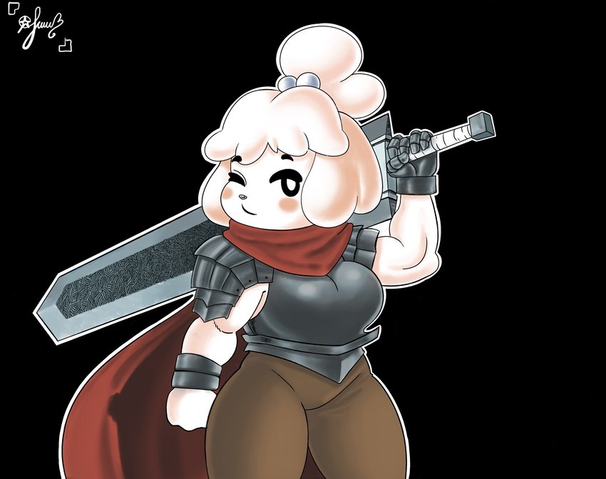 anthro armor bottomwear breasts clothing cosplay crossover_cosplay dragon_slayer_(berserk) female gloves handwear melee_weapon pants scarf solo sword weapon panthera_cantus animal_crossing berserk_(series) nintendo guts_(berserk) isabelle_(animal_crossing) canid canine canis domestic_dog mammal colored crossover hi_res