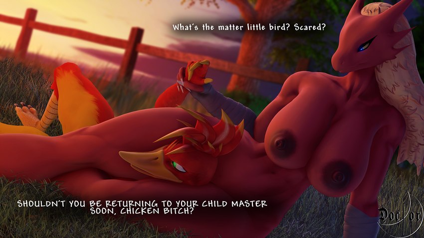 anthro beak bedroom_eyes big_breasts breasts dialogue dominant dominant_female duo female female/female head_between_thighs headlock headscissor narrowed_eyes nipples non-mammal_breasts non-mammal_nipples profanity seductive text doctor-sfm banjo-kazooie nintendo pokemon rareware warfare_machine kazooie warfare_kazooie avian bird blaziken breegull generation_3_pokemon pokemon_(species) 16:9 3d_(artwork) digital_media_(artwork) english_text hi_res source_filmmaker_(artwork) widescreen