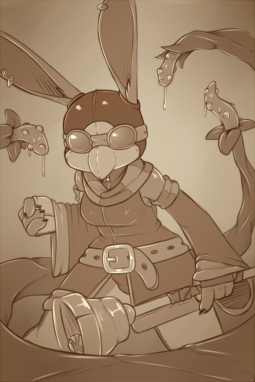 anthro clothed clothing ear_piercing female piercing solo tentacles atane27 cassandra_(atane27) lagomorph leporid mammal rabbit 2:3 hi_res monochrome sepia