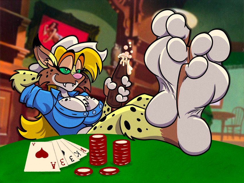 3_toes alcohol anthro barefoot beer beverage big_breasts big_ears biped blonde_hair breasts card card_game clothed clothing cowboy_hat feet feet_crossed female fingers foot_fetish foot_focus fur furniture gaming green_eyes hair hat headgear headwear holding_object huge_breasts humanoid_feet jacket paws plantigrade playing_card poker poker_chip poker_table redneck saloon smile soles solo southern table toes topwear western sleepy-foot dixie_mae_carlisle_(character) bobcat domestic_cat felid feline felis lynx mammal 4:3 digital_media_(artwork) hi_res