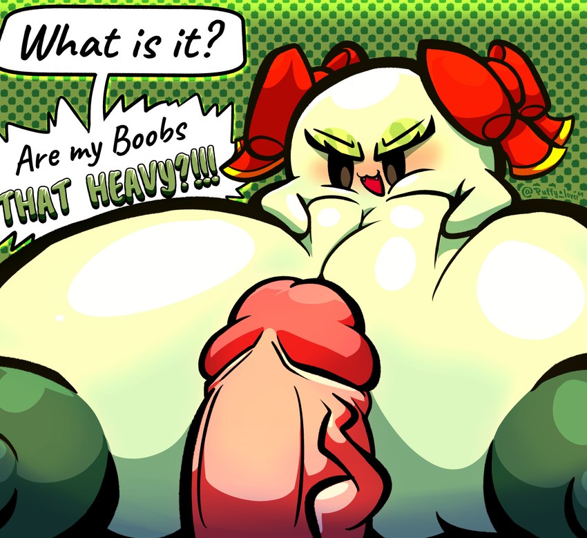 big_breasts black_eyes bow_tie breasts breasts_bigger_than_head dialogue eyelashes genitals green_body green_skin huge_breasts hyper hyper_breasts not_furry penis small_but_busty small_but_hung puffylover69 mario_bros nintendo paper_mario lady_bow boo_(mario) ghost spirit waddling_head hi_res