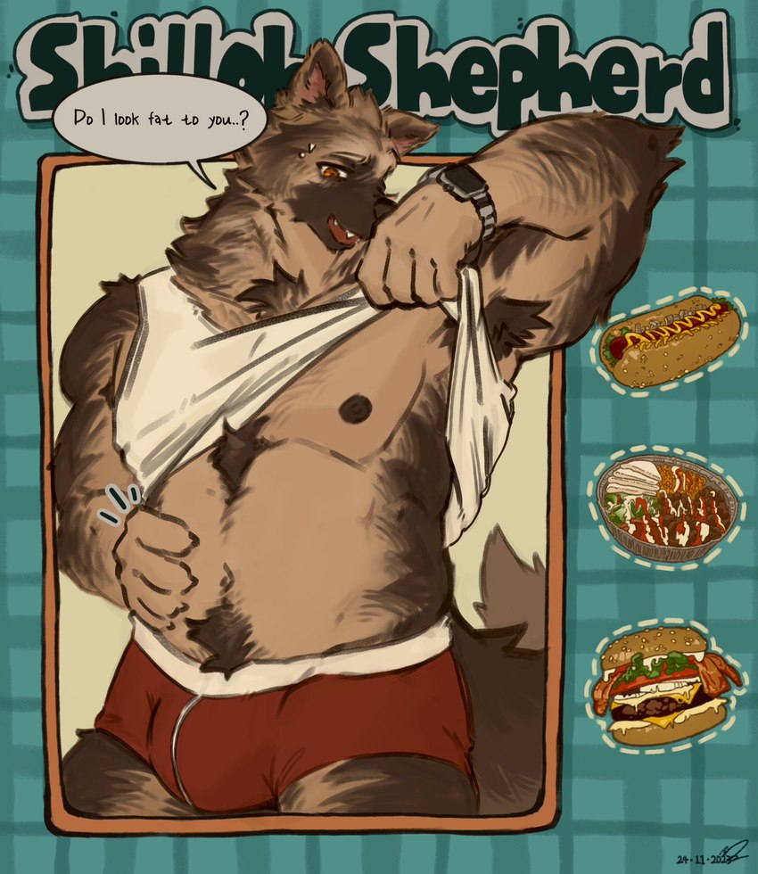 anthro armpit_hair biped body_hair bulge burger chest_tuft clock clothed clothing clothing_lift embarrassed food hot_dog male male_anthro shirt shirt_lift simple_background solo topwear tuft underwear watch qwertyuiop4082 canid canine canis domestic_dog german_shepherd herding_dog mammal pastoral_dog hi_res