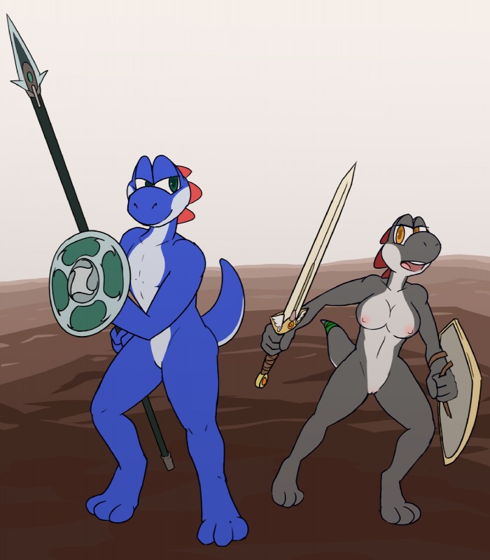 anthro duo female genitals nude pussy simple_background tala128 mario_bros nintendo fan_character rayoshi black_yoshi blue_yoshi scalie yoshi hi_res