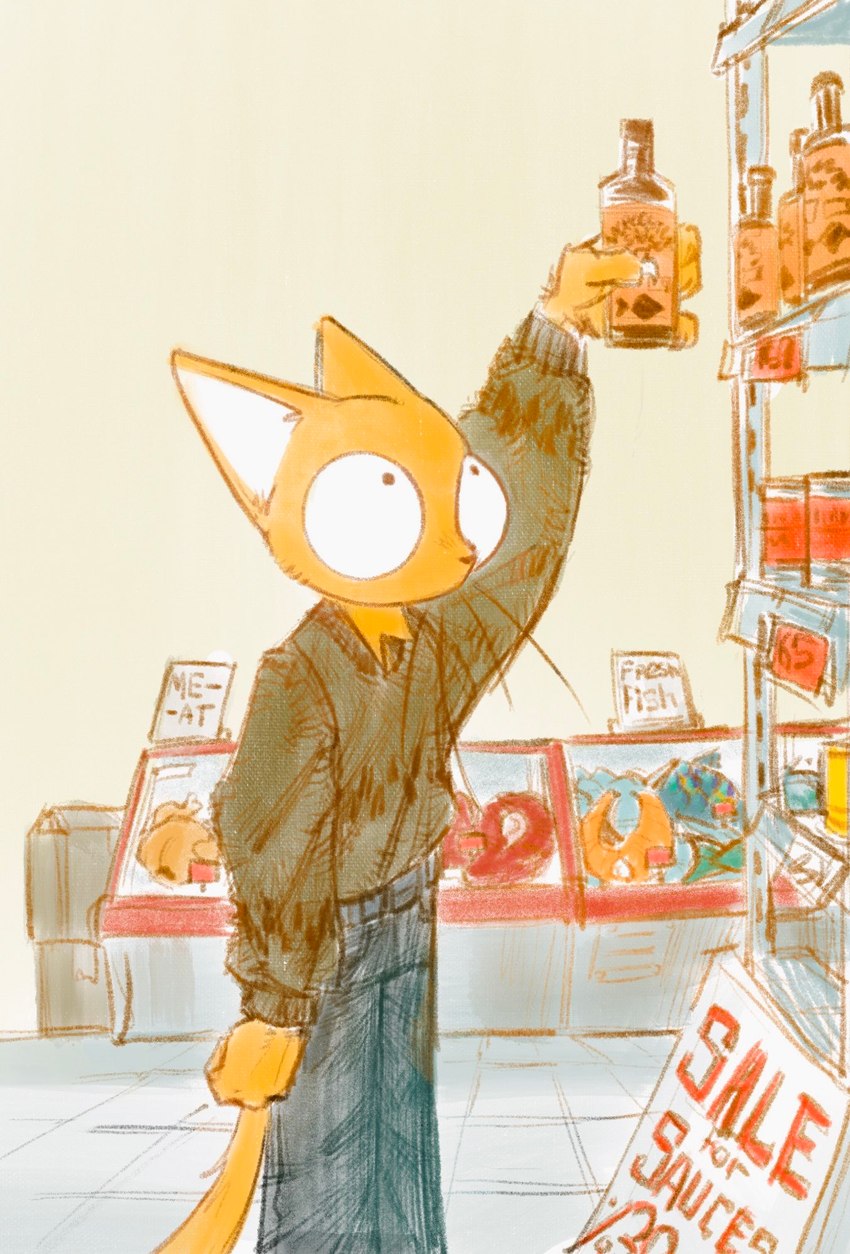 big_eyes bottle bottomwear clothed clothing container denim denim_bottomwear denim_clothing detailed_background fully_clothed fur holding_bottle holding_container holding_object inside jeans looking_up male orange_body orange_fur pants solo store sweater text topwear whiskers onni's domestic_cat felid feline felis mammal digital_drawing_(artwork) digital_media_(artwork) english_text hi_res