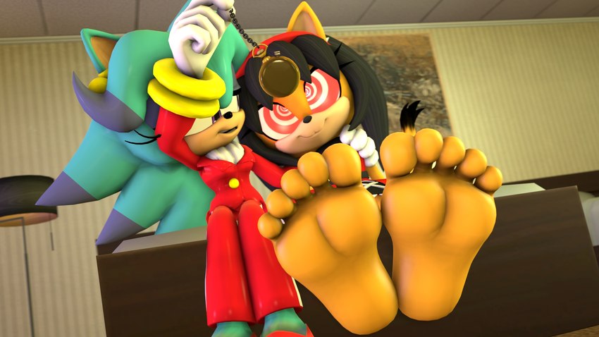 anthro clock dominant dominant_female duo feet female female/female foot_fetish foot_focus fur humanoid_feet hypnosis mind_control plantigrade pocketwatch ringed_eyes submissive submissive_female teal_body teal_fur watch yellow_body yellow_fur gloomykhlaris sega sonic_the_fighters sonic_the_hedgehog_(series) breezie_the_hedgehog honey_the_cat eulipotyphlan hedgehog mammal 3d_(artwork) digital_media_(artwork) hi_res