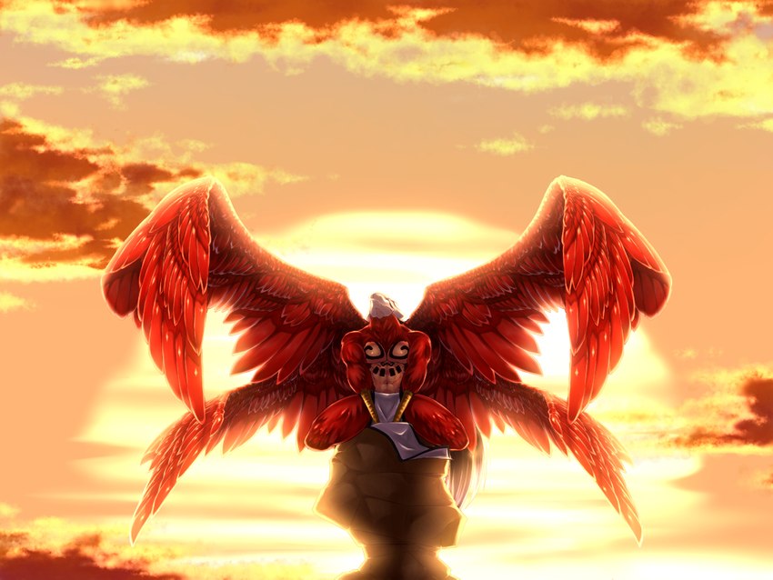 4_wings abs backlighting beak bottomwear clothing cloud detailed_background dusk feathered_wings feathers light loincloth male mostly_nude multi_wing muscular pecs red_body red_feathers resurreccion rock solo spread_wings sunset tattoo wings bleach_(series) abirama_redder arrancar avian hollow_(bleach) 4:3 lighting