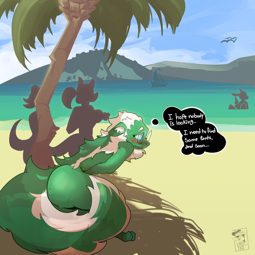 beach big_butt big_tail blush butt bystanders cloud covering covering_self detailed_background embarrassed eyewear female glasses hiding huge_butt looking_aside male mountain palm_tree plant public public_nudity sand seaside shadow solo_focus tail text thought_bubble tree upset water empskit donut_(krazeddonut) avian bird mammal mephitid skunk 1:1 2023 english_text hi_res shaded signature