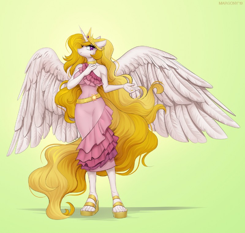 anthro big_breasts breasts clothing dress female horn solo wings margony friendship_is_magic hasbro my_little_pony mythology princess_celestia_(mlp) equid equine mammal mythological_creature mythological_equine winged_unicorn digital_media_(artwork) hi_res shaded