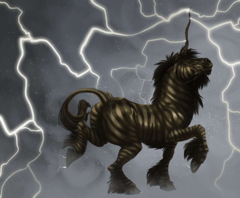 ambiguous_gender black_hair black_stripes detailed_background electricity electricity_manipulation elemental_manipulation feathering feral fur hair hooves horn lightning outside prancing side_view solo standing storm stripes tail tail_tuft tuft white_body white_fur blackpassion777 mythology equid equine hybrid mammal mythological_creature mythological_equine unicorn zebra hi_res